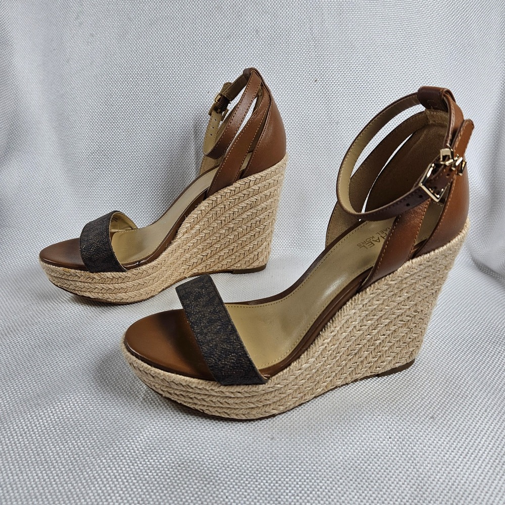 Michael Kors Brown Leather Monogram Espadrille Wedge Sandals Size 7M High Heel